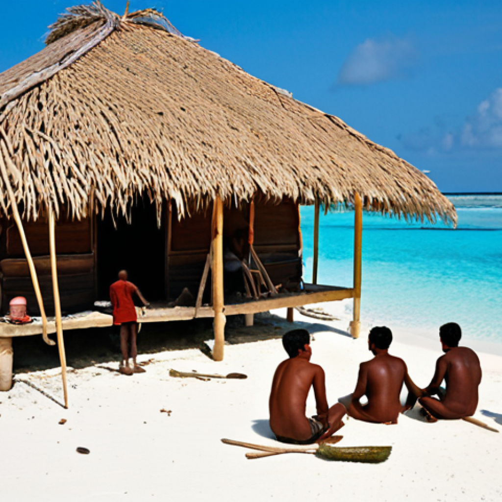 **Prompt:** A vibrant village scene in the Maldives. Locals are working together on a community project, building a traditional house with coral stones and "Kadjan" roofing. Some are fishing with traditional pole and line methods, while others are preparing food. In the background, there's a "Boduberu" performance uniting the community. The image should convey a strong sense of community bonds and "Edhuruveyn" (helping each other).
