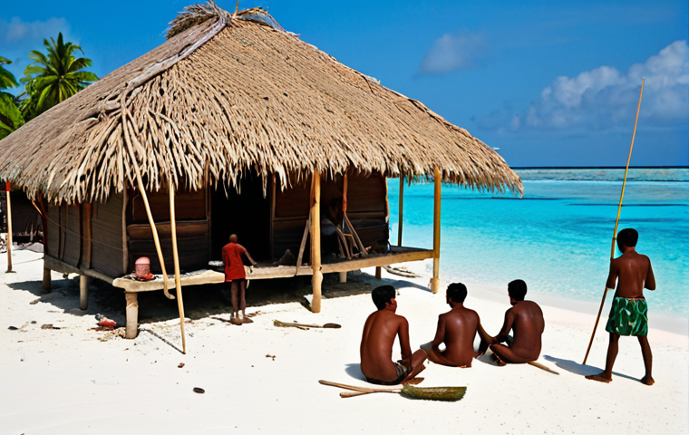 **Prompt:** A vibrant village scene in the Maldives. Locals are working together on a community project, building a traditional house with coral stones and "Kadjan" roofing. Some are fishing with traditional pole and line methods, while others are preparing food. In the background, there's a "Boduberu" performance uniting the community. The image should convey a strong sense of community bonds and "Edhuruveyn" (helping each other).
