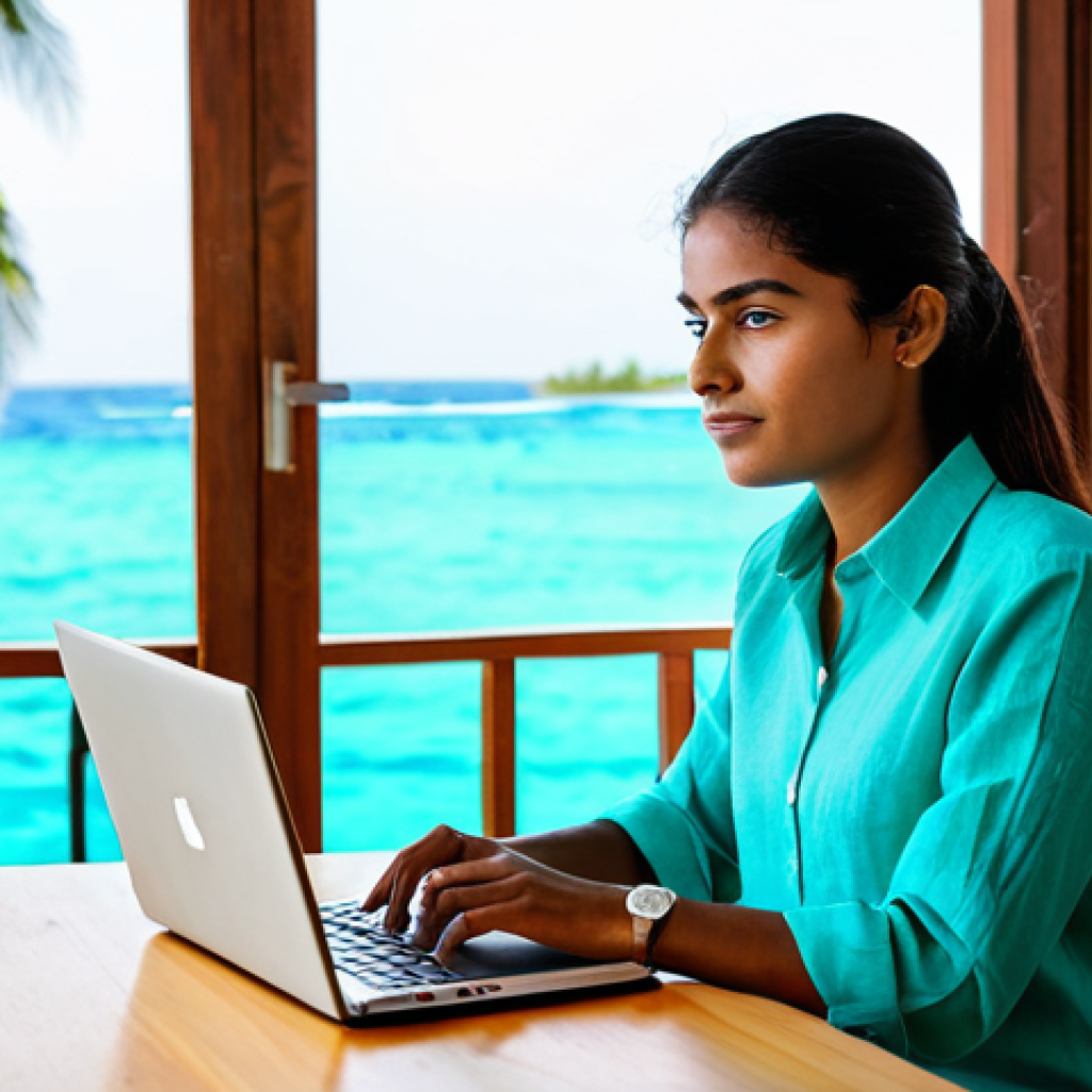 A professional woman, fully clothed in a modest, breathable linen shirt and tailored capri pants, seated comfortably at a wooden desk inside a clean, well-lit guesthouse room on a Maldivian local island. She is focused on her laptop, with a few official-looking documents neatly arranged beside her. Through an open window, a blurred view of turquoise ocean water and palm trees is visible. The scene is bright and professional, captured with natural light. perfect anatomy, correct proportions, natural pose, well-formed hands, proper finger count, safe for work, appropriate content, fully clothed, professional, high quality.