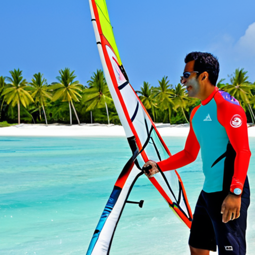 Water Sports Instructor Teaching Windsurfing**

"A fully clothed, professional water sports instructor in modest swimwear and a rashguard, teaching a beginner windsurfing in the crystal-clear, turquoise waters of the Maldives. The student is also fully clothed and wearing a life jacket. Palm trees line the white sandy beach in the background. Bright sunny day, clear blue sky. Perfect anatomy, correct proportions, well-formed hands, appropriate attire, safe for work, professional photography, high quality."

**
