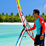 Water Sports Instructor Teaching Windsurfing**

"A fully clothed, professional water sports instructor in modest swimwear and a rashguard, teaching a beginner windsurfing in the crystal-clear, turquoise waters of the Maldives. The student is also fully clothed and wearing a life jacket. Palm trees line the white sandy beach in the background. Bright sunny day, clear blue sky. Perfect anatomy, correct proportions, well-formed hands, appropriate attire, safe for work, professional photography, high quality."

**