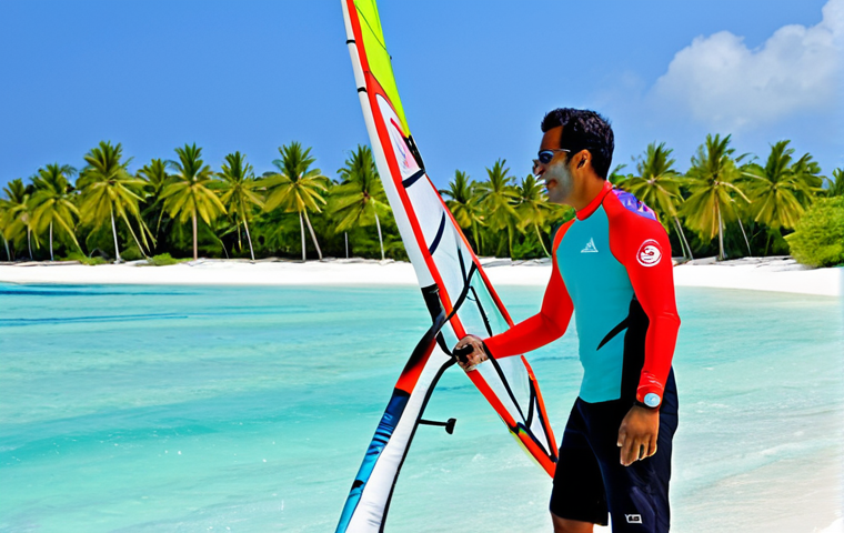 Water Sports Instructor Teaching Windsurfing**

"A fully clothed, professional water sports instructor in modest swimwear and a rashguard, teaching a beginner windsurfing in the crystal-clear, turquoise waters of the Maldives. The student is also fully clothed and wearing a life jacket. Palm trees line the white sandy beach in the background. Bright sunny day, clear blue sky. Perfect anatomy, correct proportions, well-formed hands, appropriate attire, safe for work, professional photography, high quality."

**