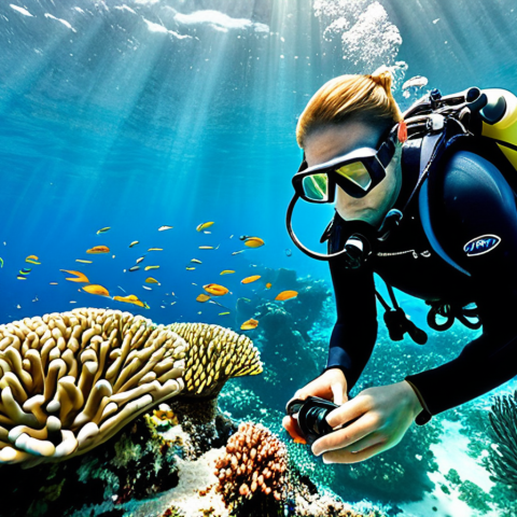 Underwater Paradise**

"A marine biologist, fully clothed in appropriate scuba gear, photographing a vibrant coral reef teeming with colorful fish in the Maldives. Clear turquoise water, sunlight filtering through the surface, perfect anatomy, well-formed hands, proper finger count, natural body proportions, safe for work, appropriate content, professional underwater photography, modest attire, family-friendly."

**
