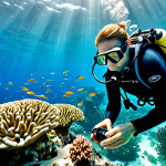 Underwater Paradise**

"A marine biologist, fully clothed in appropriate scuba gear, photographing a vibrant coral reef teeming with colorful fish in the Maldives. Clear turquoise water, sunlight filtering through the surface, perfect anatomy, well-formed hands, proper finger count, natural body proportions, safe for work, appropriate content, professional underwater photography, modest attire, family-friendly."

**