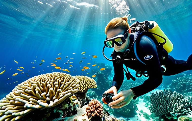 Underwater Paradise**

"A marine biologist, fully clothed in appropriate scuba gear, photographing a vibrant coral reef teeming with colorful fish in the Maldives. Clear turquoise water, sunlight filtering through the surface, perfect anatomy, well-formed hands, proper finger count, natural body proportions, safe for work, appropriate content, professional underwater photography, modest attire, family-friendly."

**
