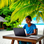 Working on a Local Island**

"A professional freelancer working on a laptop at a table outside a modest guesthouse on Maafushi Island, Maldives, fully clothed in comfortable, appropriate attire, surrounded by lush tropical foliage, safe for work, perfect anatomy, natural proportions, digital art, professional quality, family-friendly."

**