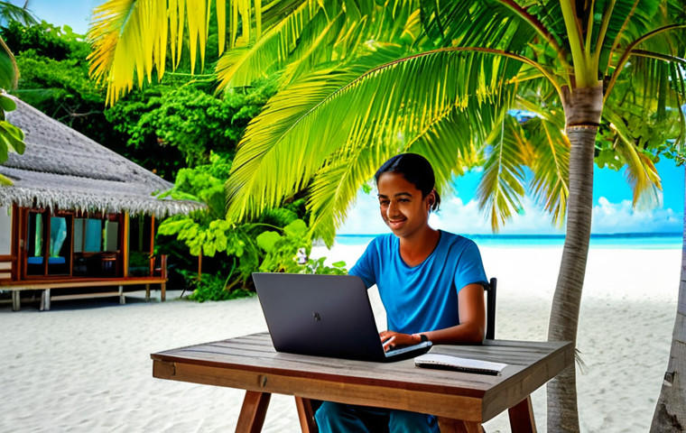 Working on a Local Island**

"A professional freelancer working on a laptop at a table outside a modest guesthouse on Maafushi Island, Maldives, fully clothed in comfortable, appropriate attire, surrounded by lush tropical foliage, safe for work, perfect anatomy, natural proportions, digital art, professional quality, family-friendly."

**