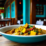 몰디브 채식 식당 - **

A brightly lit, professional photograph of a vegan jackfruit curry being served at a quaint café...