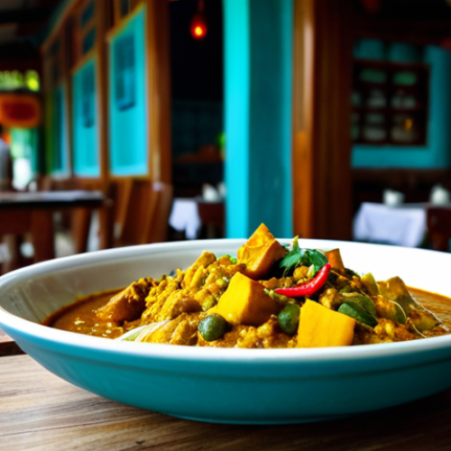 몰디브 채식 식당 - **

A brightly lit, professional photograph of a vegan jackfruit curry being served at a quaint café...