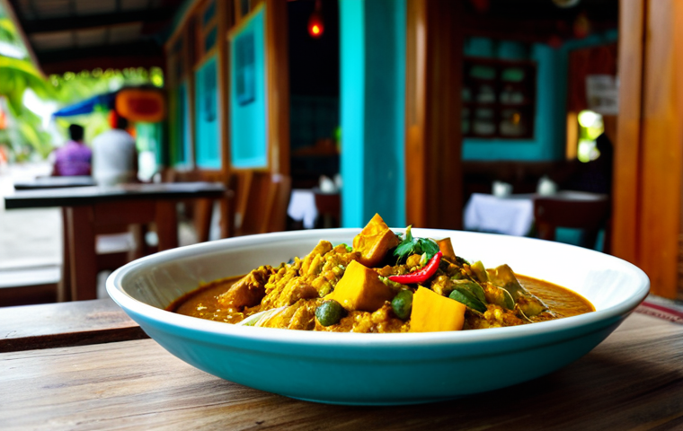 몰디브 채식 식당 - **
A brightly lit, professional photograph of a vegan jackfruit curry being served at a quaint café...