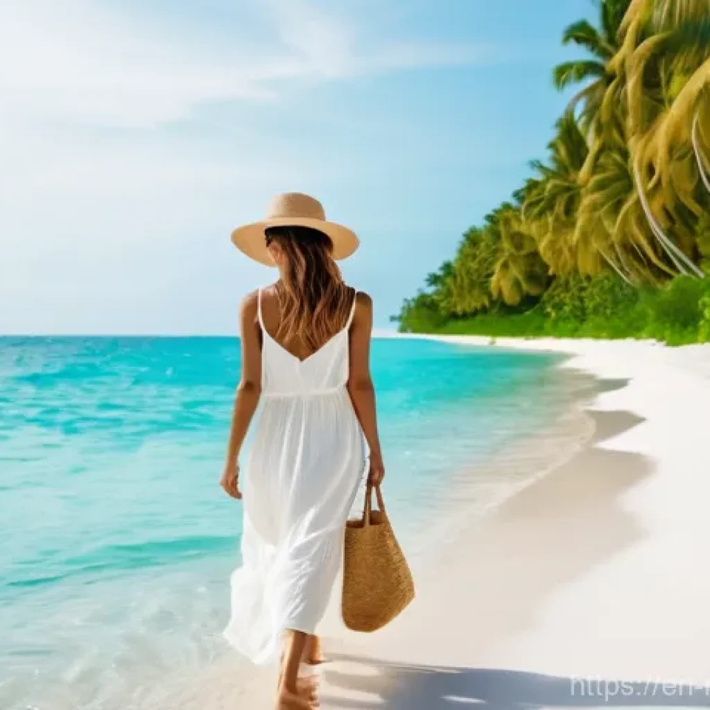 몰디브 여행 필수 준비물 - **Tropical Island Relaxation:** A woman in her late 20s to early 30s, with sun-kissed skin and light...