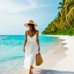 몰디브 여행 필수 준비물 - **Tropical Island Relaxation:** A woman in her late 20s to early 30s, with sun-kissed skin and light...