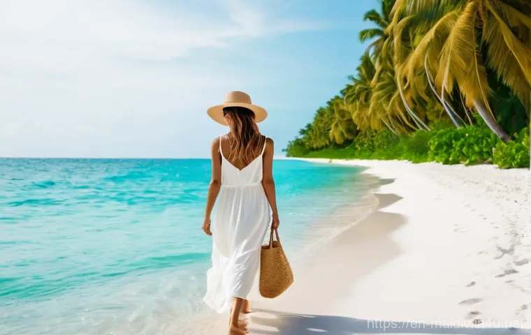 몰디브 여행 필수 준비물 - **Tropical Island Relaxation:** A woman in her late 20s to early 30s, with sun-kissed skin and light...