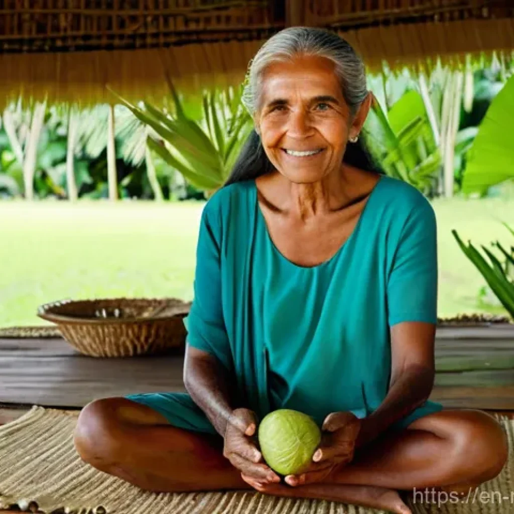 몰디브 전통 의학 - **"Wisdom of the Island Healer"**
A weathered, elderly Maldivian woman, with deep lines of wisdo...