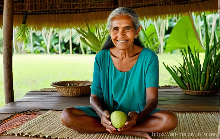 몰디브 전통 의학 - **"Wisdom of the Island Healer"**
    A weathered, elderly Maldivian woman, with deep lines of wisdo...