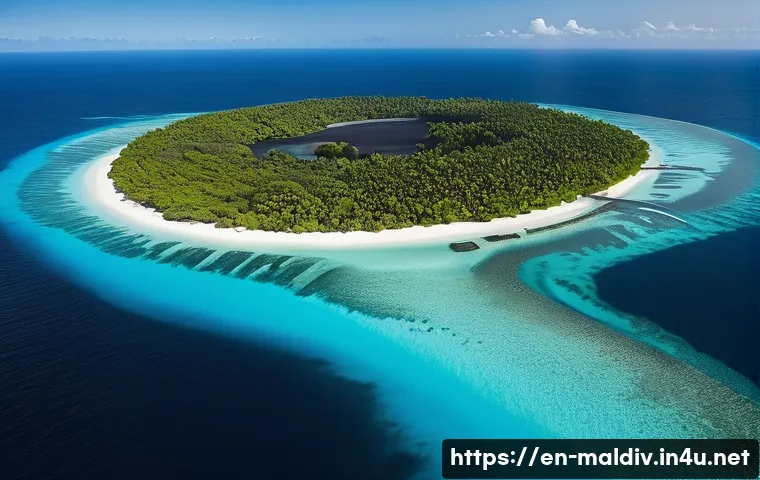 몰디브 독립영화 촬영지 - **"A breathtaking aerial wide shot of Fuvahmulah Island in the Maldives, showcasing its unique and d...