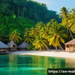 몰디브의 이슬람화 - A vibrant scene depicting a traditional Maldivian island village before the arrival of Islam, showca...