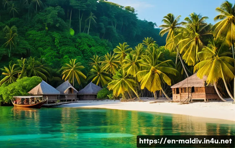 몰디브의 이슬람화 - A vibrant scene depicting a traditional Maldivian island village before the arrival of Islam, showca...