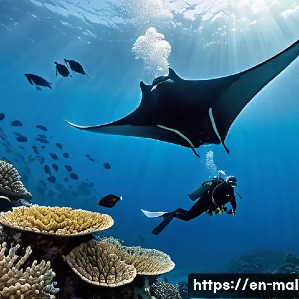 몰디브 스쿠버 자격증 - A serene underwater scene in the Maldives featuring a certified diver wearing a full set of modern s...