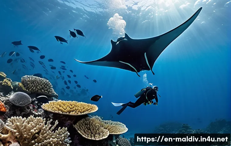 몰디브 스쿠버 자격증 - A serene underwater scene in the Maldives featuring a certified diver wearing a full set of modern s...