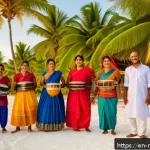 몰디브 전통 결혼식 - A vibrant Maldivian wedding scene on a sandy beach at sunset, featuring a group of local men energet...