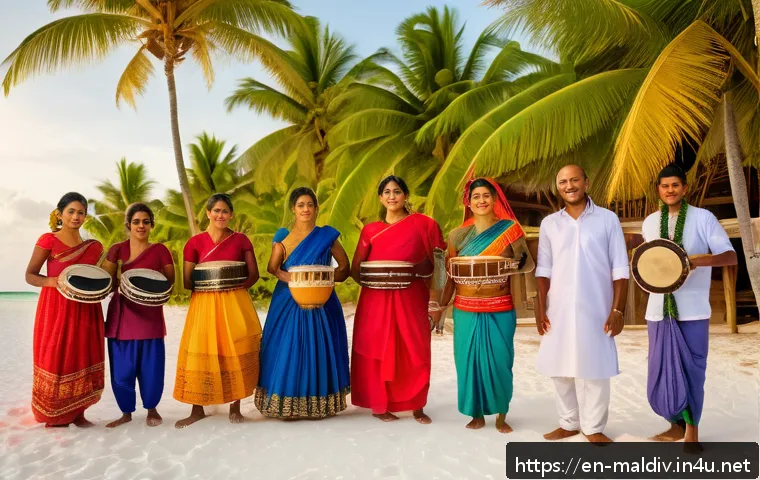 몰디브 전통 결혼식 - A vibrant Maldivian wedding scene on a sandy beach at sunset, featuring a group of local men energet...