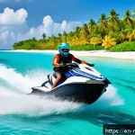 몰디브 해양 스포츠 종류 - A vibrant scene of a person jet skiing across crystal-clear turquoise waters in the Maldives under a...