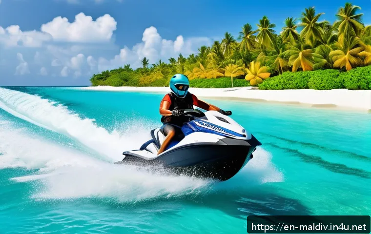 몰디브 해양 스포츠 종류 - A vibrant scene of a person jet skiing across crystal-clear turquoise waters in the Maldives under a...