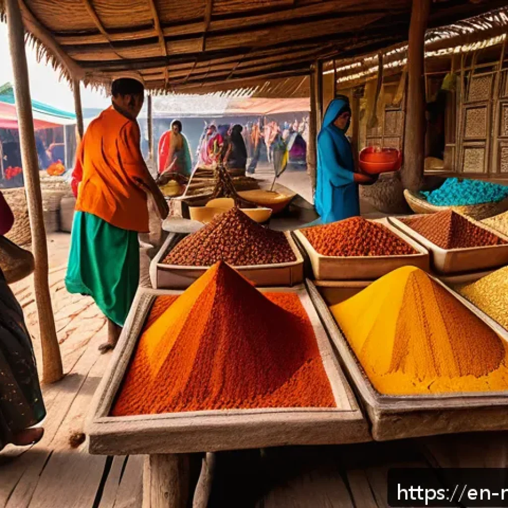몰디브 전통 시장 투어 - A vibrant Maldivian market scene at dawn, with colorful mounds of loose spices like turmeric, cardam...