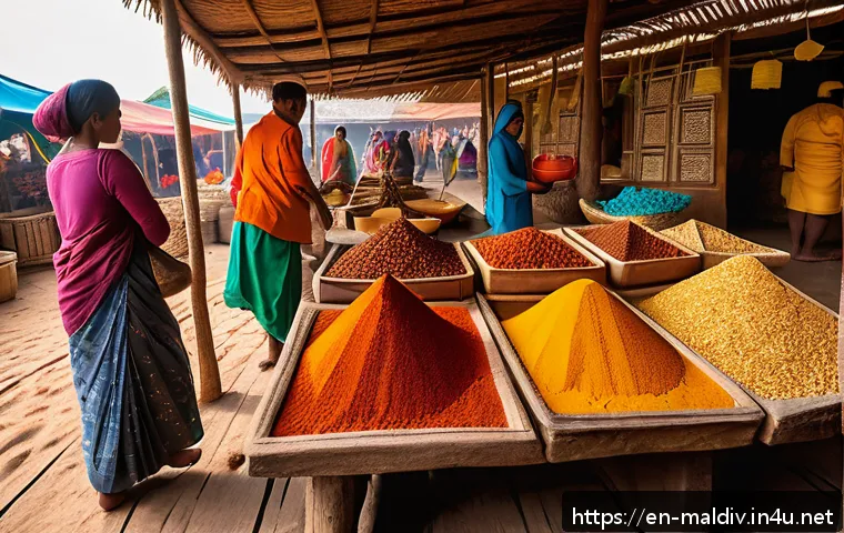 몰디브 전통 시장 투어 - A vibrant Maldivian market scene at dawn, with colorful mounds of loose spices like turmeric, cardam...