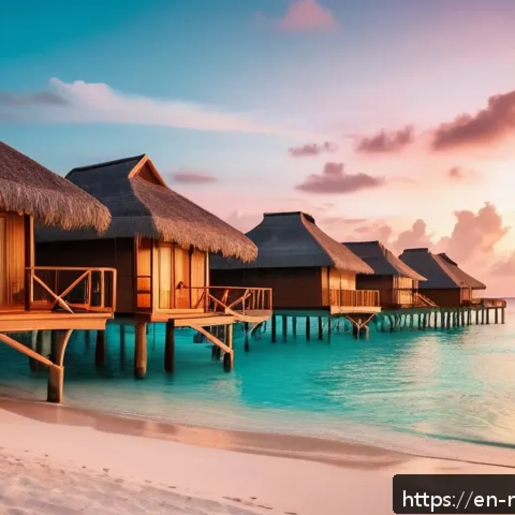몰디브 항공권 할인 정보 - A serene Maldives beach scene during golden hour, featuring a stylish couple in modest resort wear e...