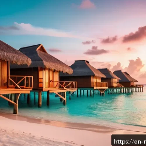 몰디브 항공권 할인 정보 - A serene Maldives beach scene during golden hour, featuring a stylish couple in modest resort wear e...