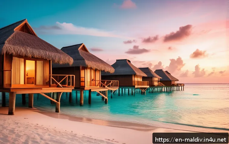 몰디브 항공권 할인 정보 - A serene Maldives beach scene during golden hour, featuring a stylish couple in modest resort wear e...