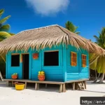 몰디브 디베히 배우기 - A vibrant street scene in a Maldivian island village featuring colorful local market stalls with fre...