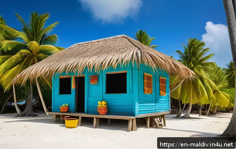 몰디브 디베히 배우기 - A vibrant street scene in a Maldivian island village featuring colorful local market stalls with fre...
