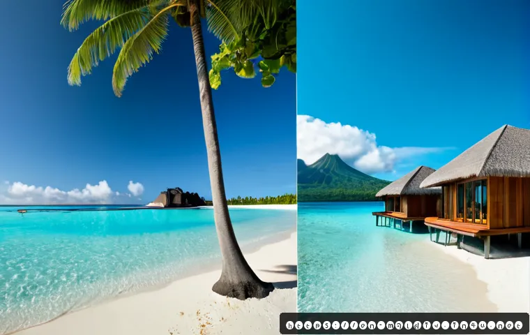 몰디브와 하와이 비교 - Photorealistic split-scene travel comparison, left side a Maldives overwater bungalow above crystal-...