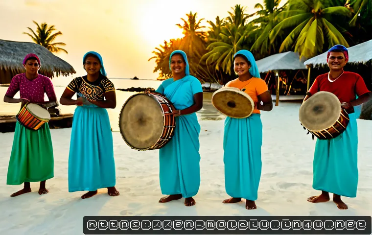 몰디브 로컬 축제 - Photorealistic Maldives local island festival at sunset, Maldivian men and women in modest colorful ...