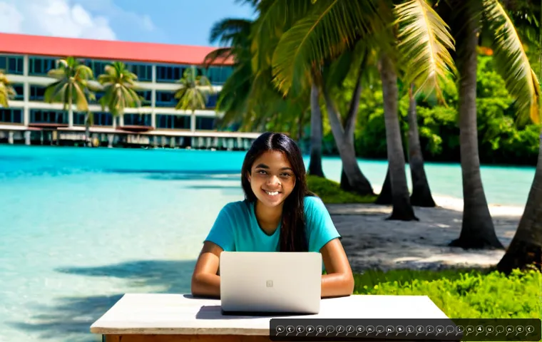 몰디브 유학 가능성 - Photorealistic international university student seated at a quiet outdoor study table on a tropical ...