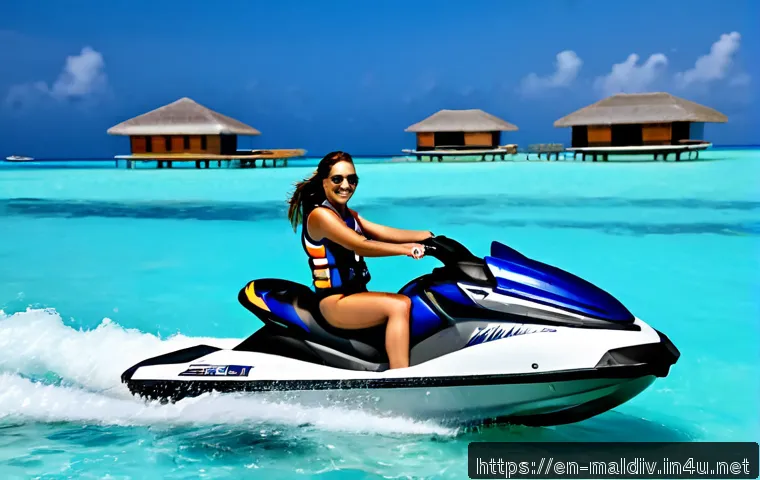 몰디브 제트스키 체험 - Photorealistic travel lifestyle scene of a smiling adult couple wearing modest life jackets and swim...